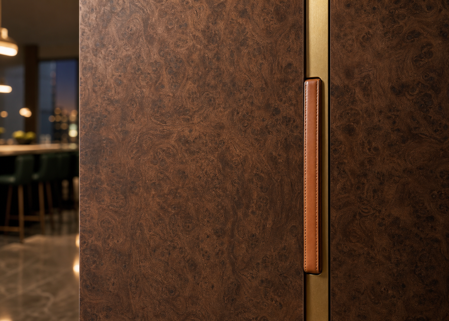 Fadior Resonance Wardrobe Suite with Burl Walnut Valet Bay — close-up of stainless steel finish and hardware detail