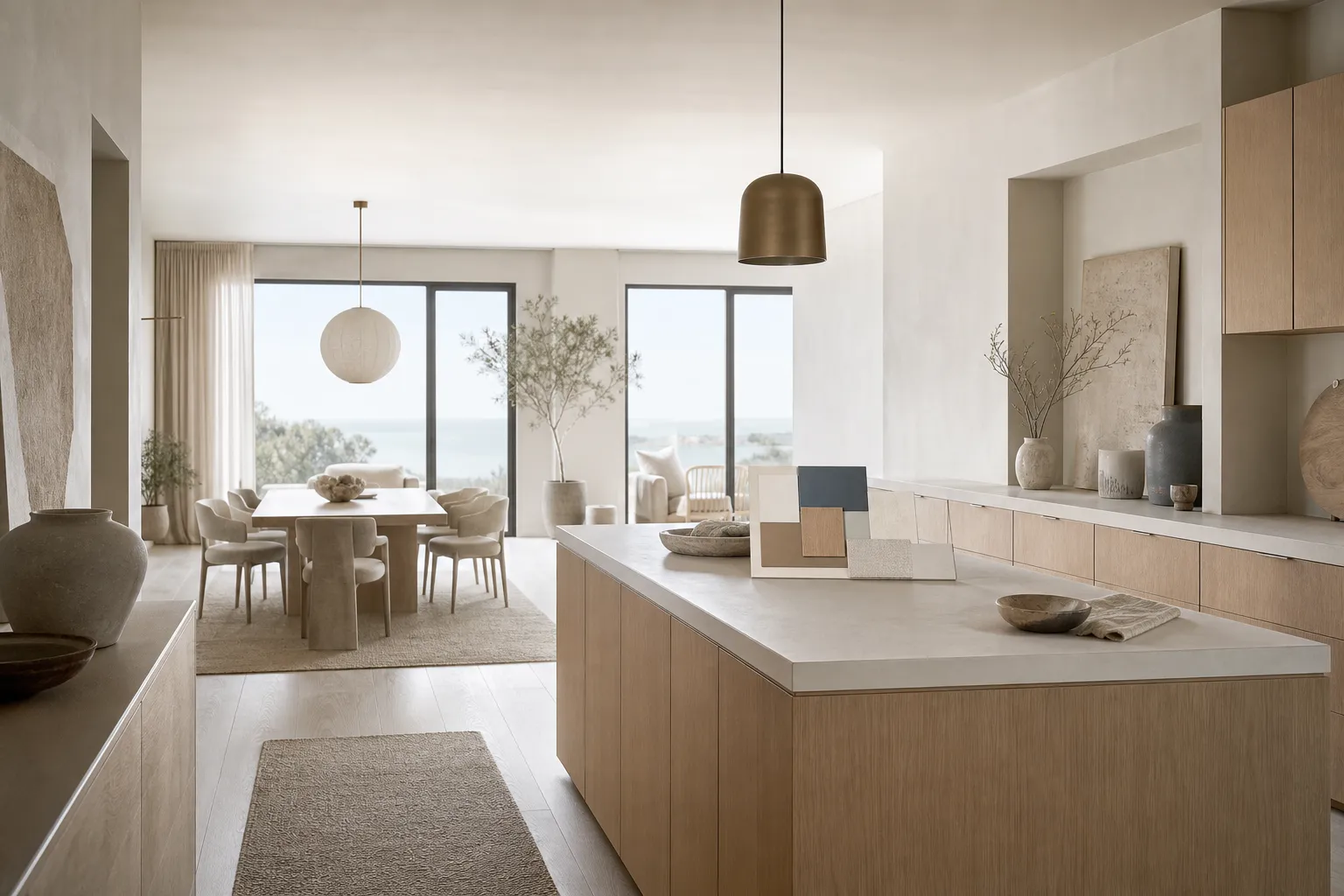 Airy coastal villa kitchen atmosphere with a chromatic palette board and soft daylight.