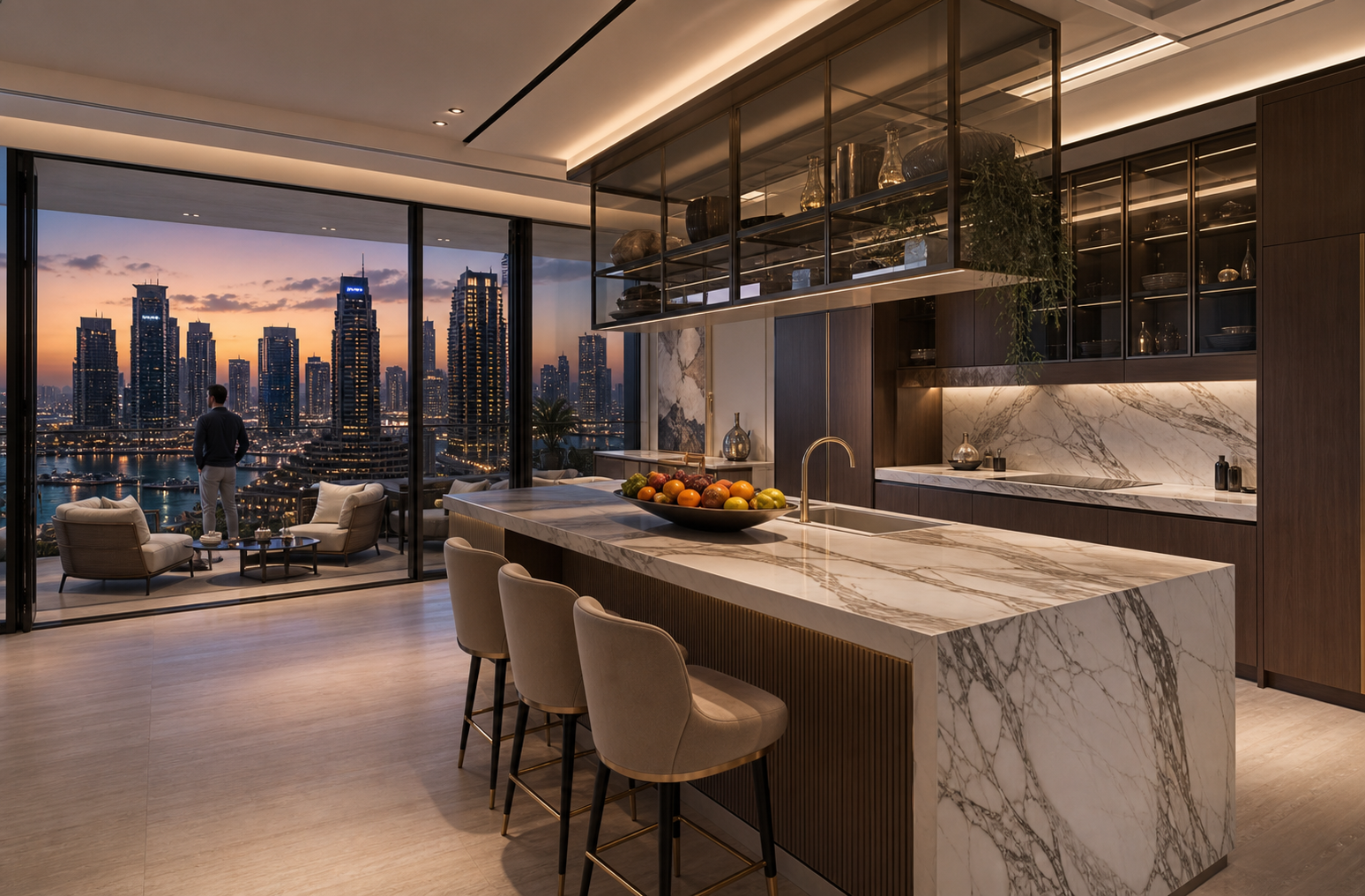 Fadior Dubai 280 sqm Kitchen Penthouse — Zaha — marble island, fruit bowl, glass storage, balcony chairs, city skyline