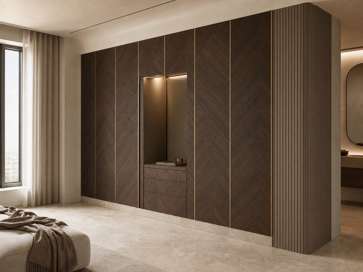 Fadior Resonance Wardrobe Suite with Herringbone Morning Alcove — interior room context showing cabinet integration