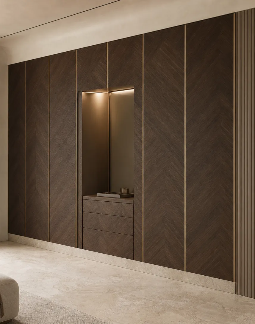 Fadior Resonance Wardrobe Suite with Herringbone Morning Alcove — interior room context showing cabinet integration