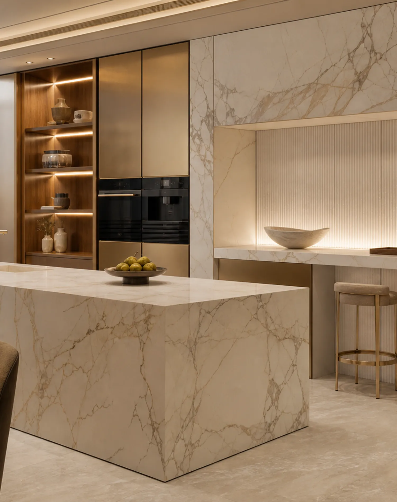 Suite de cocina Atelier con desayunador de piedra estriada estudio de adaptación