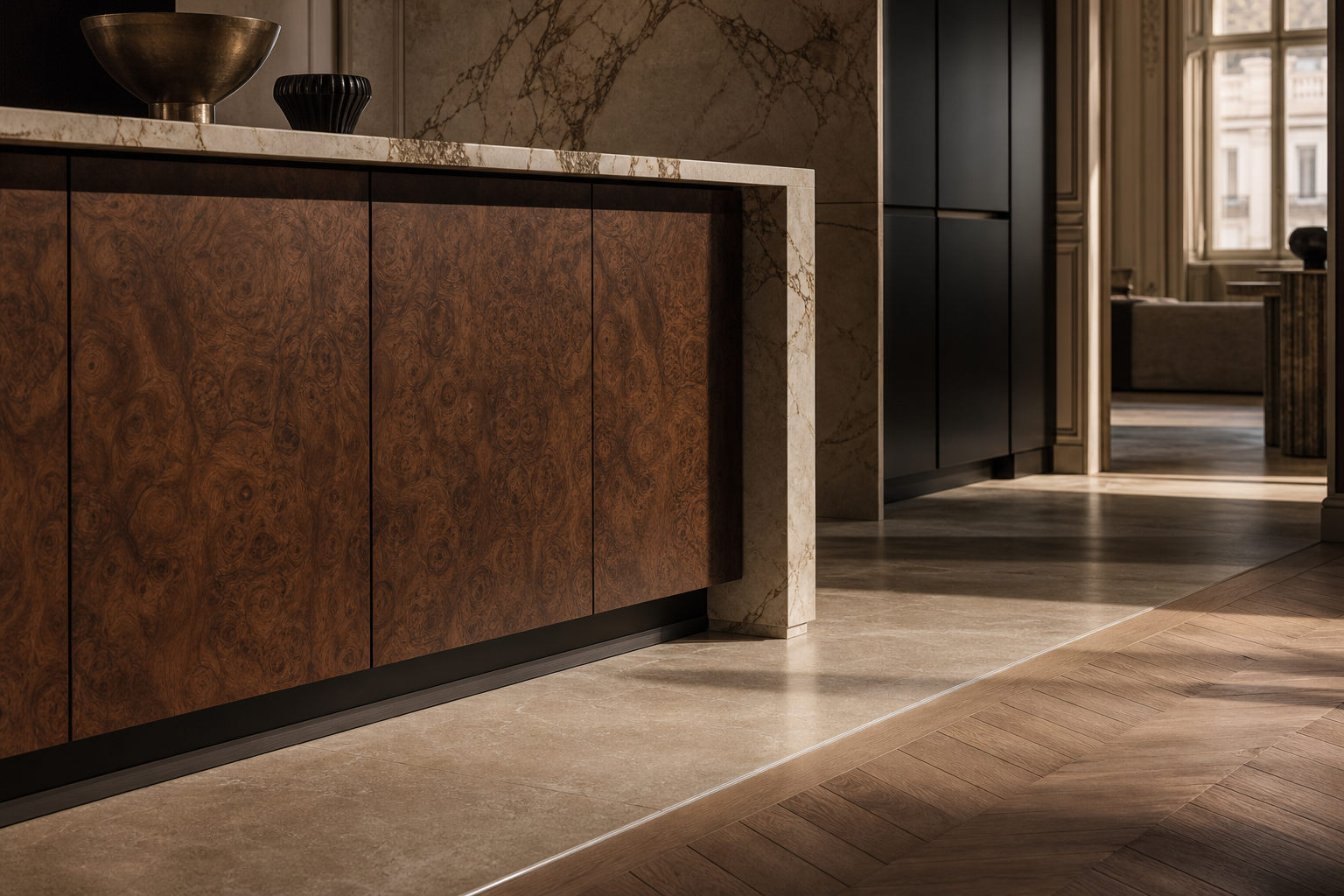 Fadior Meridian Kitchen Suite with Undercut Island Threshold — close-up of stainless steel finish and hardware detail