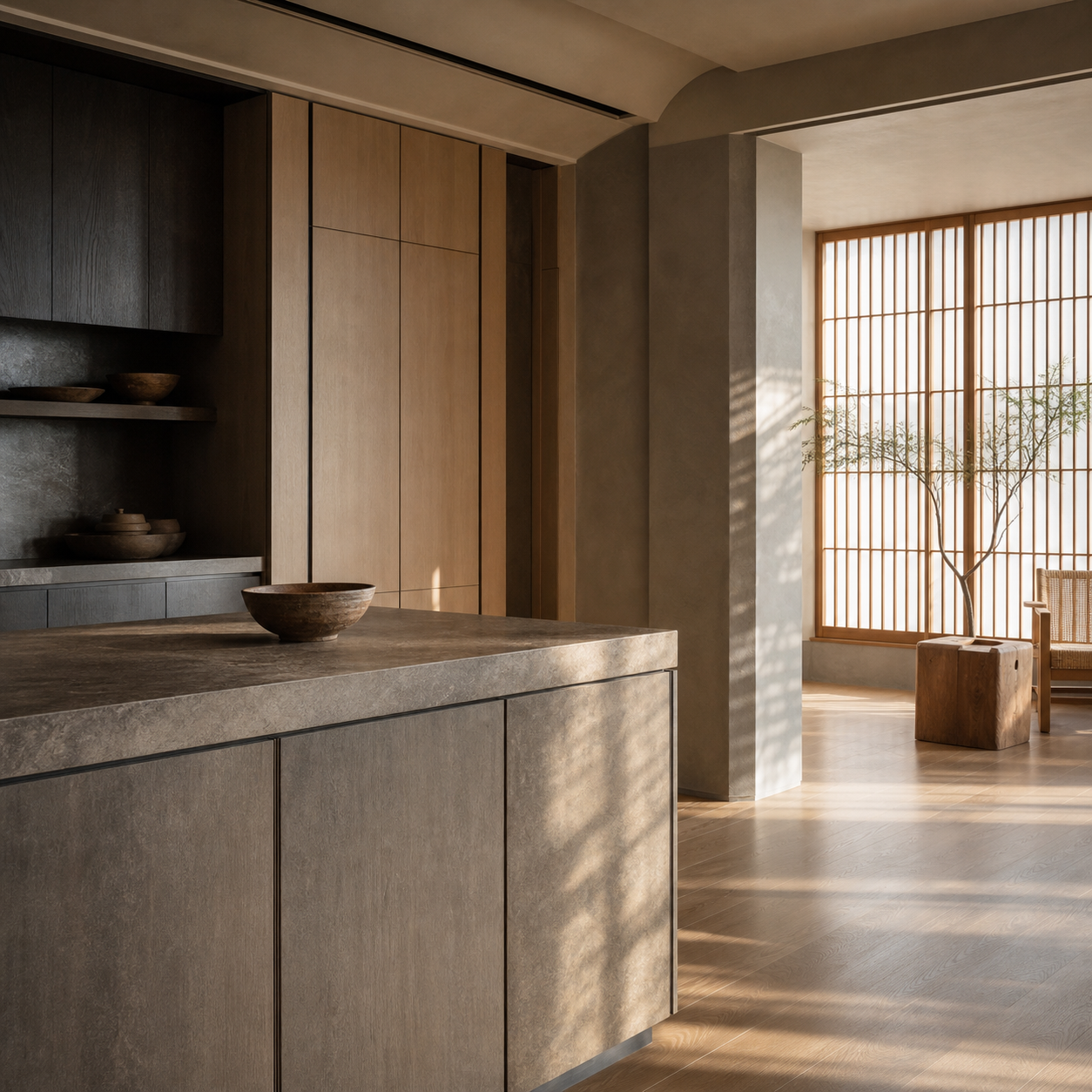 Fadior Shanghai 200 sqm Kitchen Penthouse — Shanghai finish study with cabinet face, stone counter edge, clay wall, wood floor, lattice window, and branch shadows
