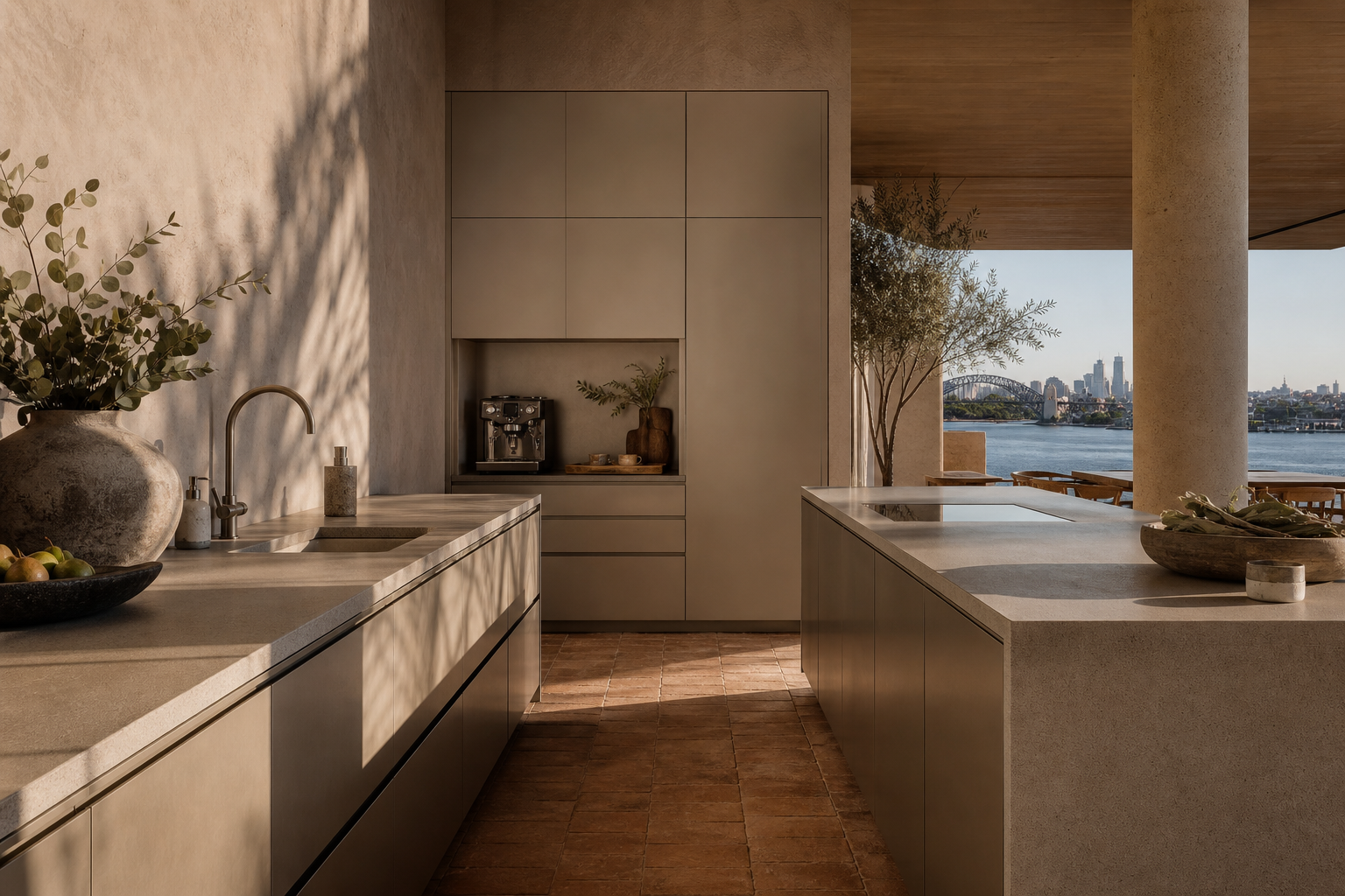 Fadior Sydney Skyline Penthouse — Sydney kitchen workspace with island counter, harbour glass, cabinet tower,