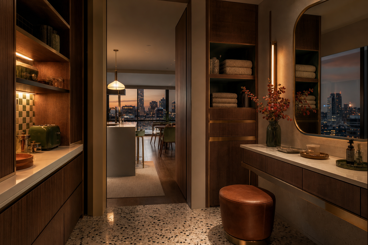 Fadior Gold Coast 80 sqm Kitchen Villa — Gold Coast pantry and vanity threshold with walnut shelves, mirror, stone counter, towel stack, leather stool, terrazzo floor, checkerboard tile, and kitchen doorway