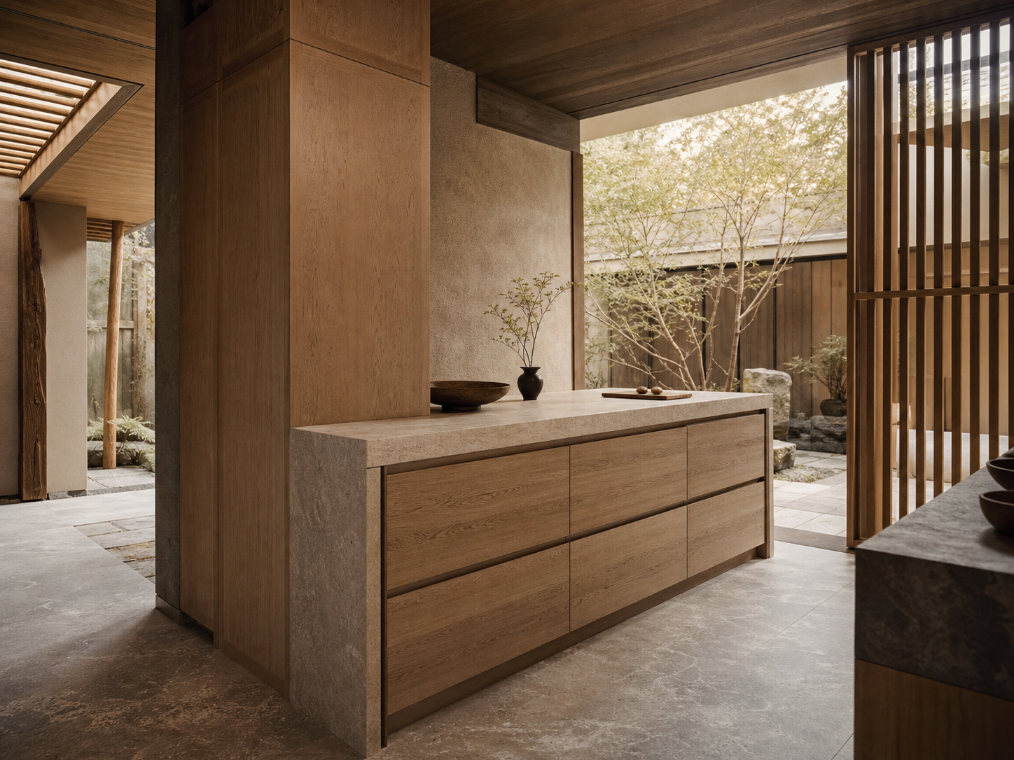 Fadior Dream Home Kitchen Suite with Breezeway Pantry Island — interior room context showing cabinet integration