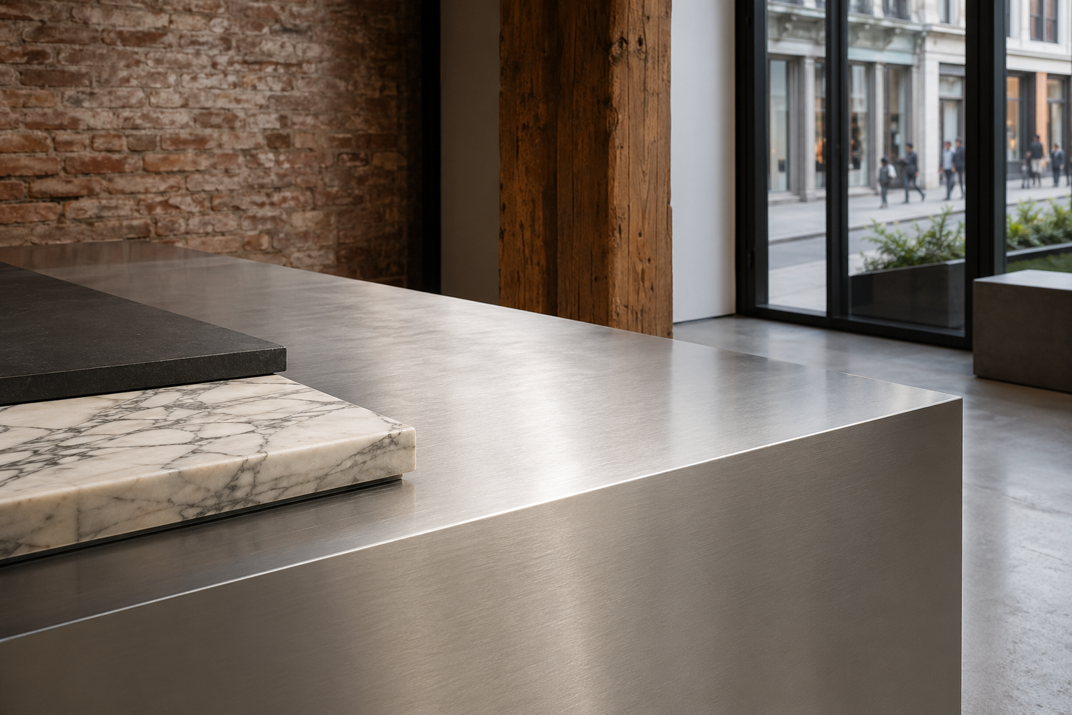 Fadior New York Flagship Showroom — brushed stainless counter, marble slab, concrete floor, window light