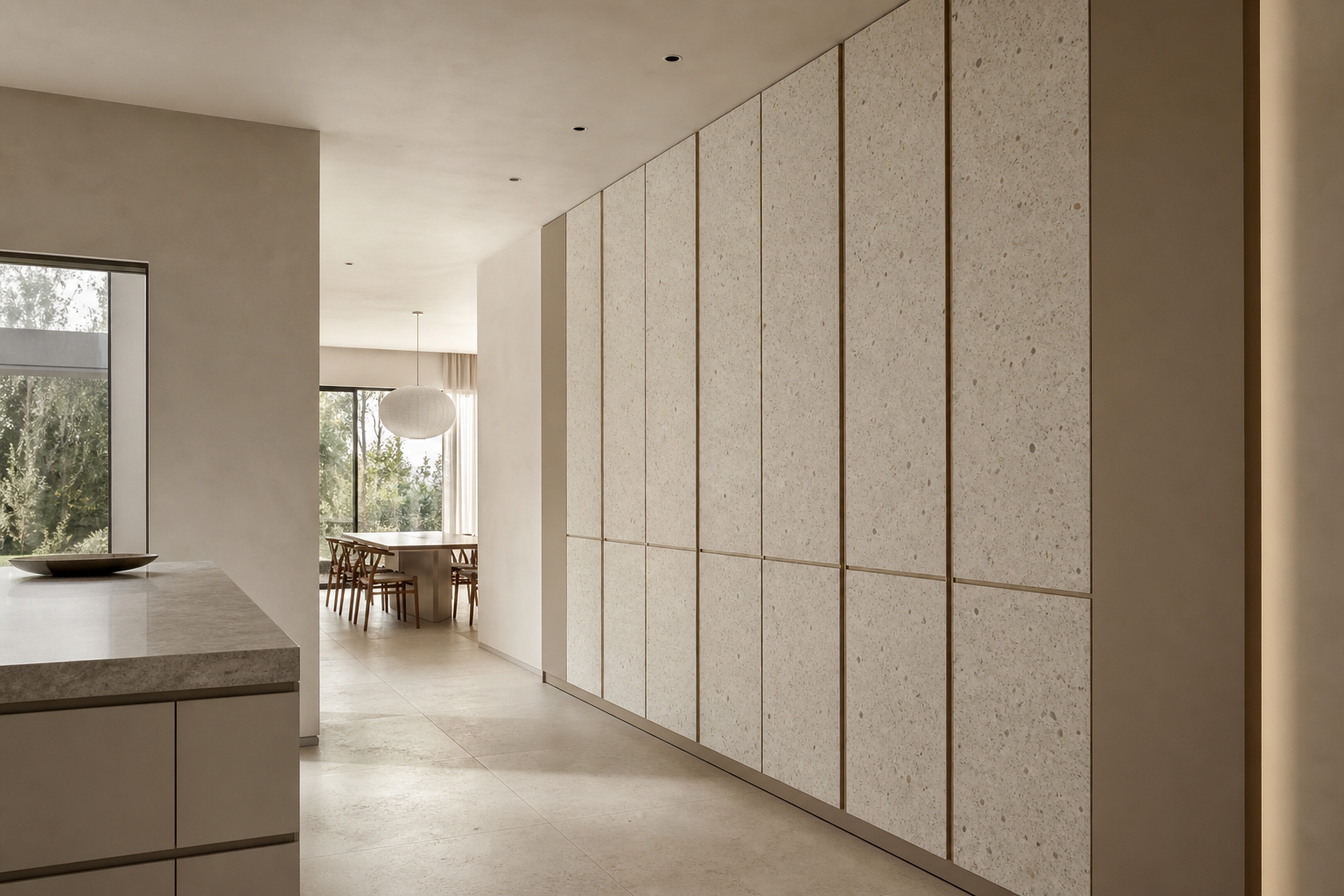 Fadior Terrazzo Wall Panel Suite with Engineered Surface Plane — interior room context showing cabinet integration