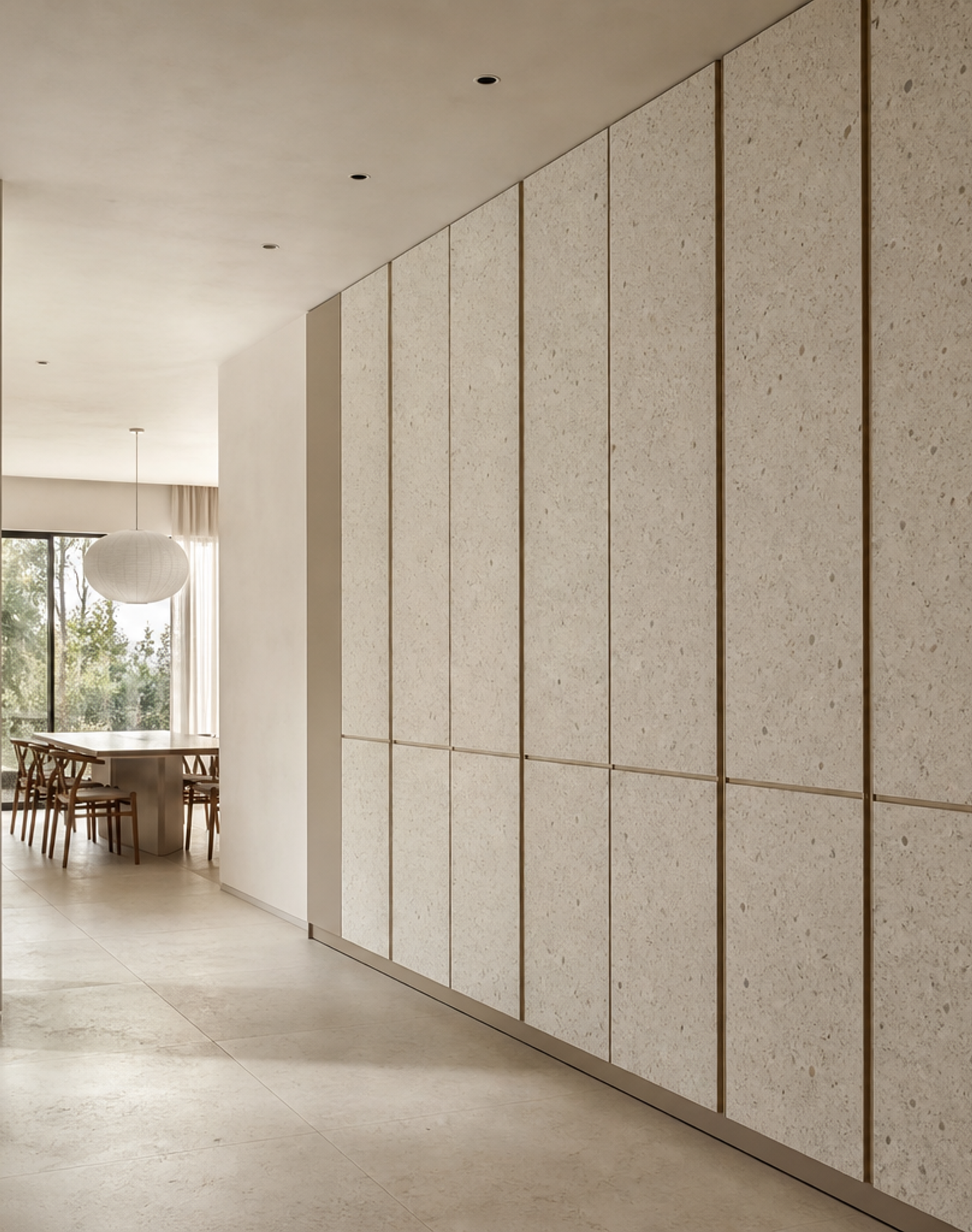 Fadior Terrazzo Wall Panel Suite with Engineered Surface Plane — interior room context showing cabinet integration