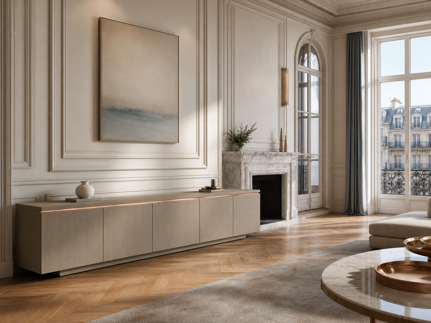 Fadior Galleria Living Room Suite with Waterline Channel Credenza — interior room context showing cabinet integration