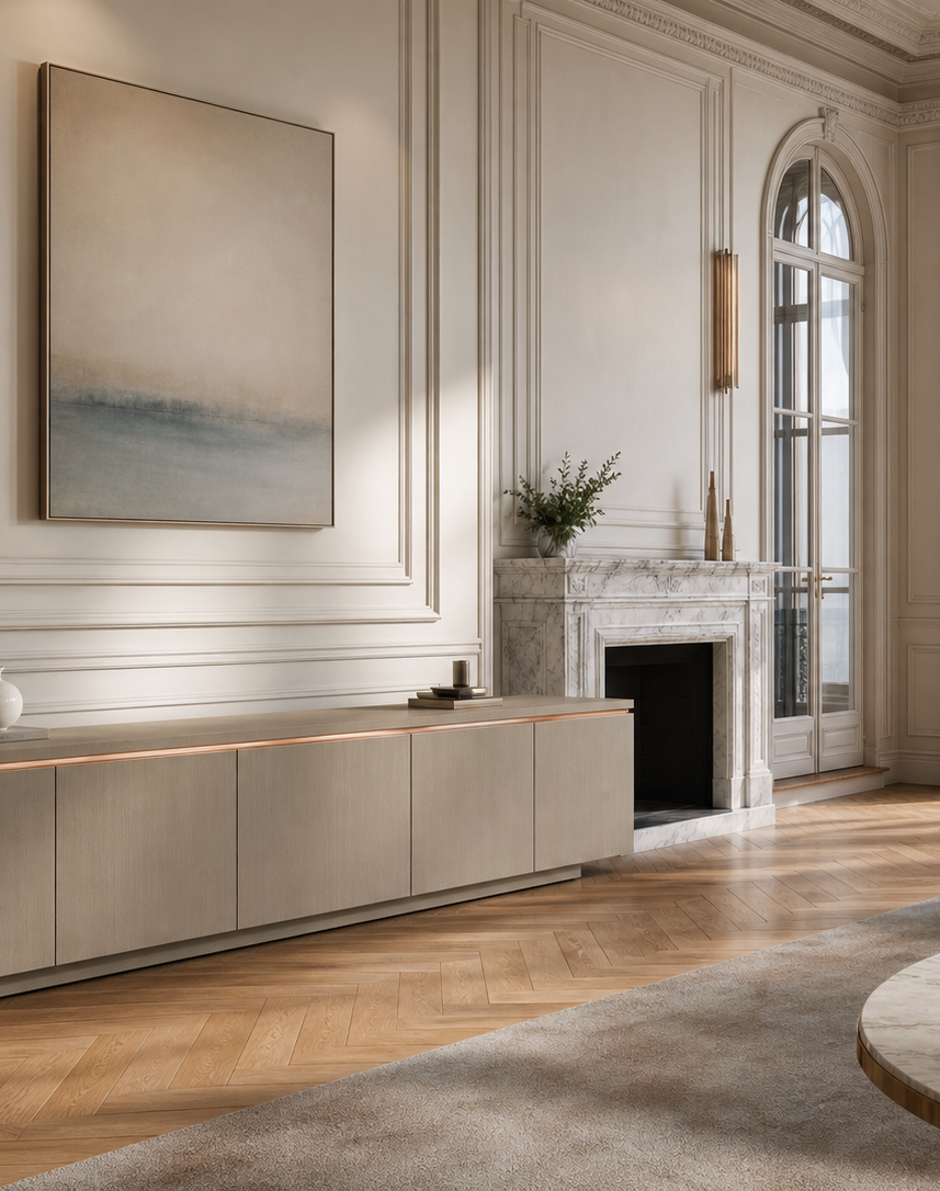 Fadior Galleria Living Room Suite with Waterline Channel Credenza — interior room context showing cabinet integration