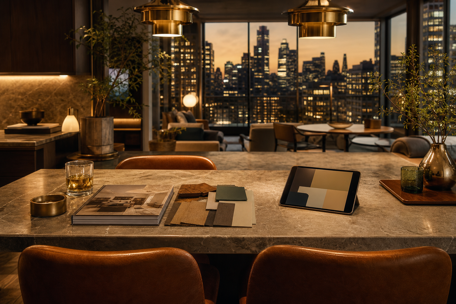 Kitchen decision comparison scene with swatches, tablet blocks, and city-view residential context.