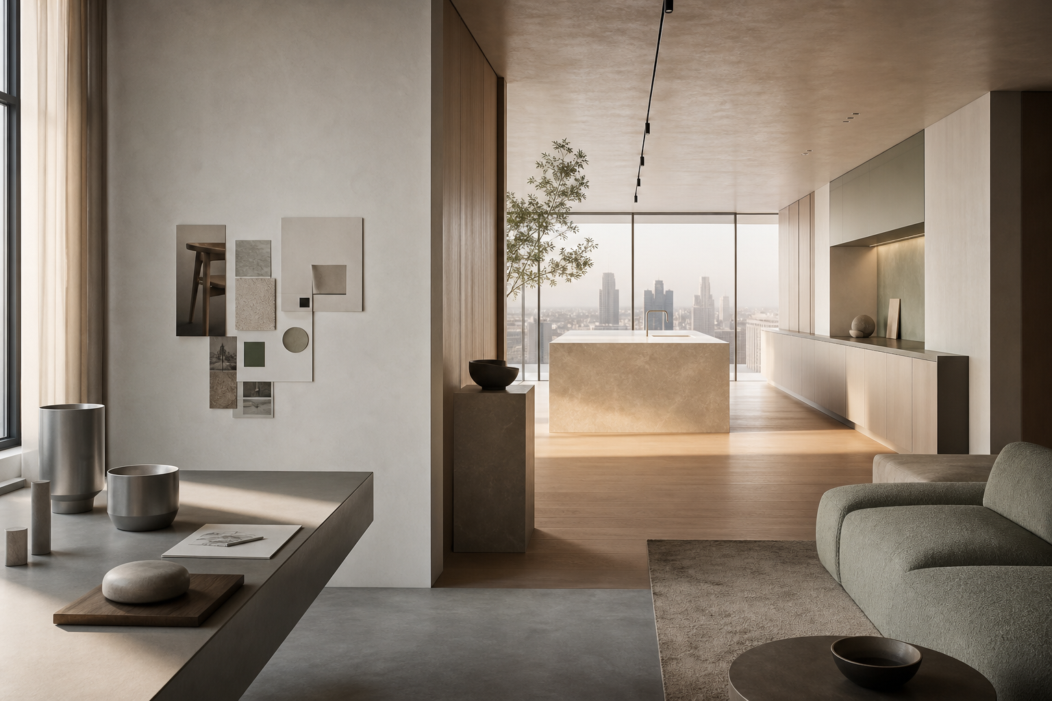 Decision comparison scene: design studio objects beside an open kitchen and lounge showing product discipline entering home
