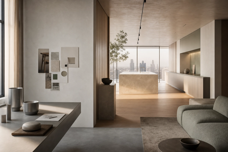 Decision comparison scene: design studio objects beside an open kitchen and lounge showing product discipline entering home context.