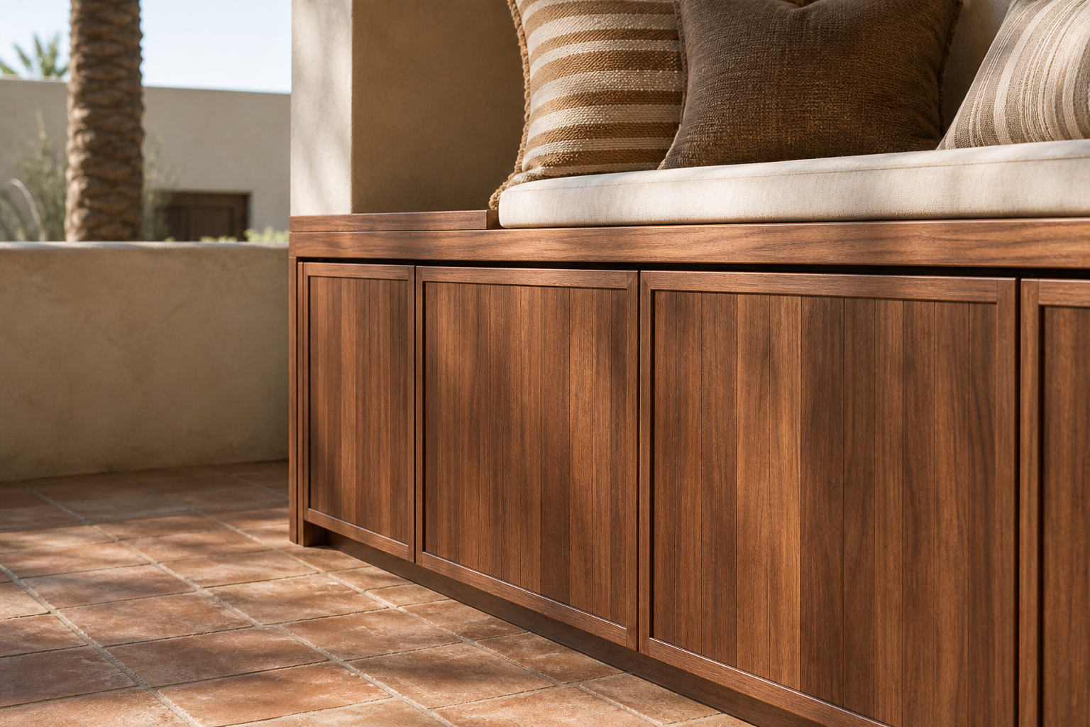 Fadior Cannes Balcony Suite with Shade Bench Console — close-up of stainless steel finish and hardware detail