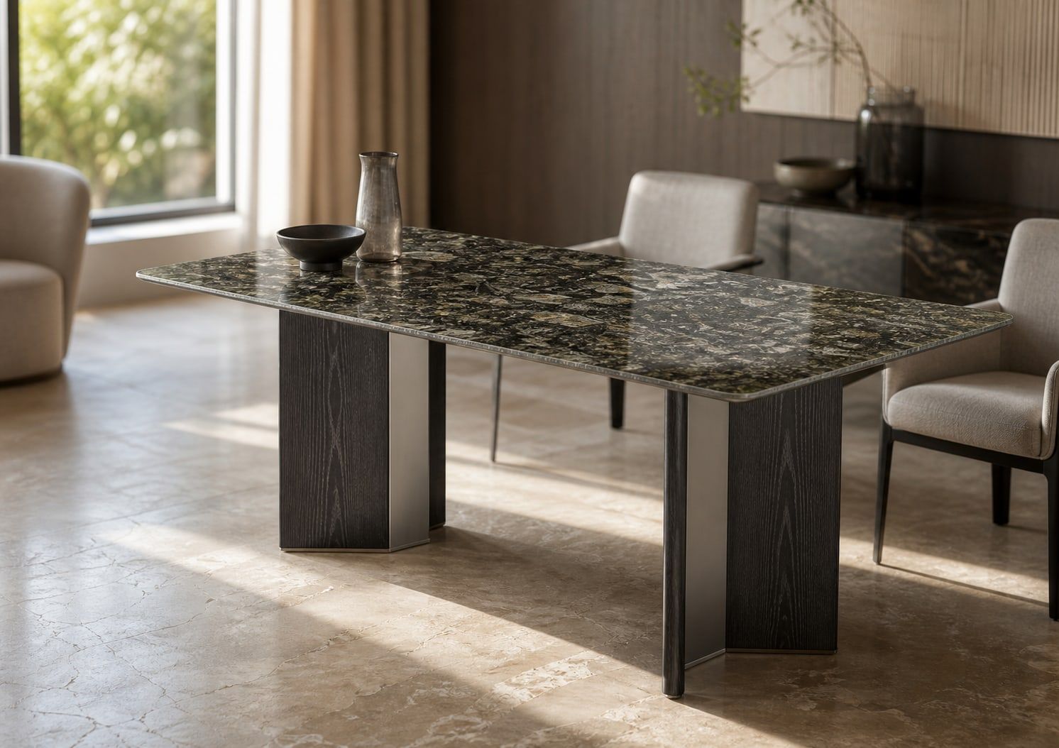 Stone-Top Marble Dining Table (Natural luxury stone) styled in a FADIOR HOME interior setting