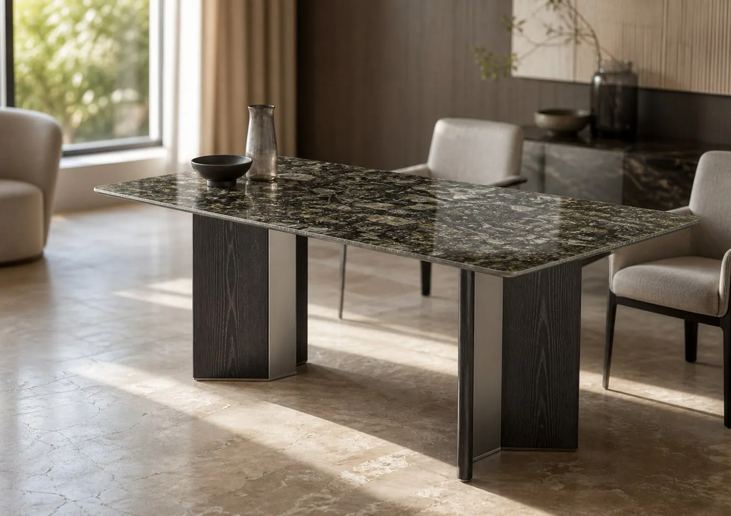 Wood-and-Steel Marble Dining Table 160×80 cm