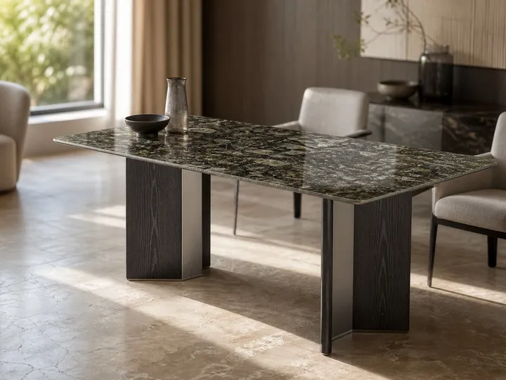 Mesa de comedor de mármol con madera y acero 140×80 cm