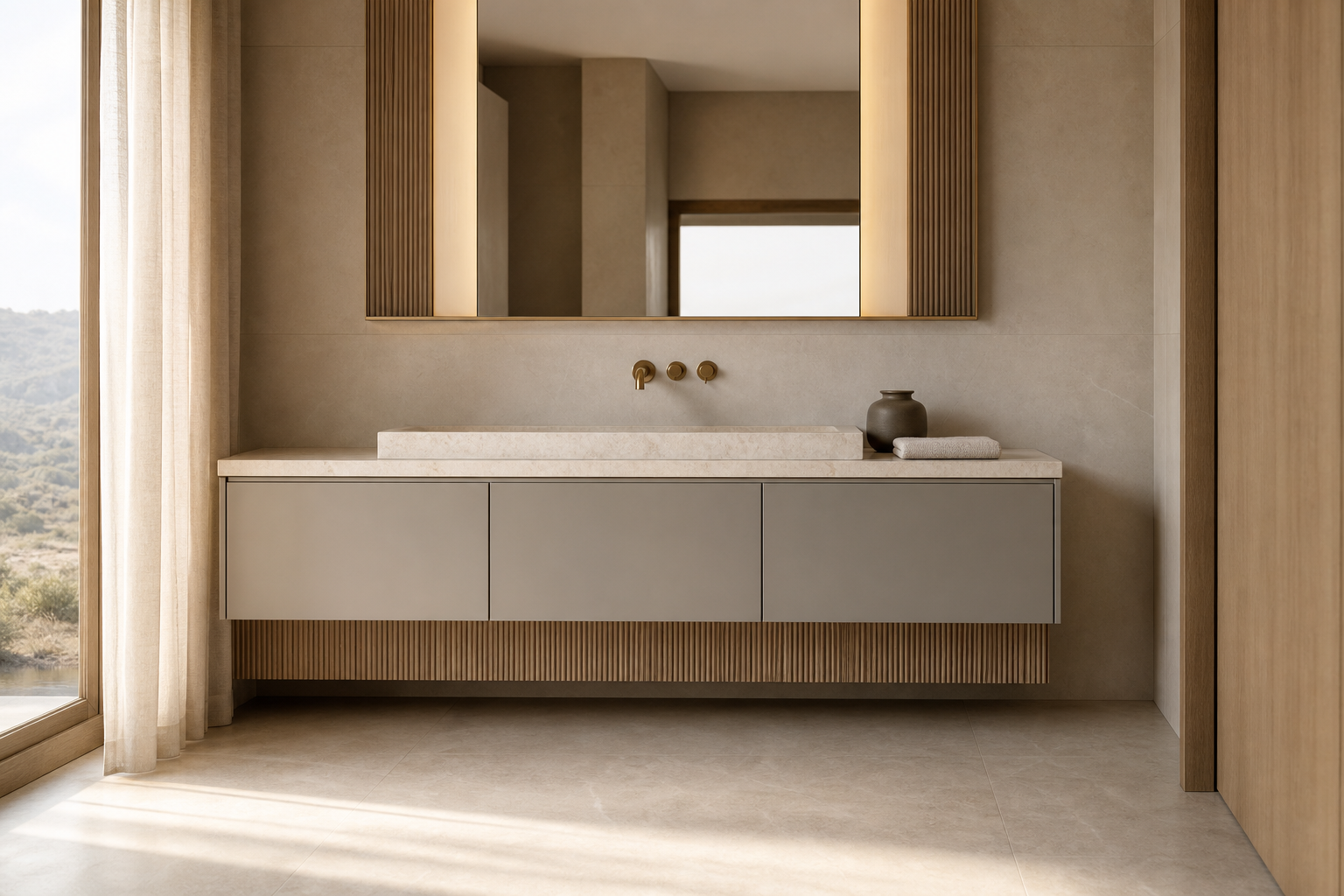 Fadior Alcove Bathroom Suite with Ribbed Clay Plinth — lifestyle setting with natural light and residential styling