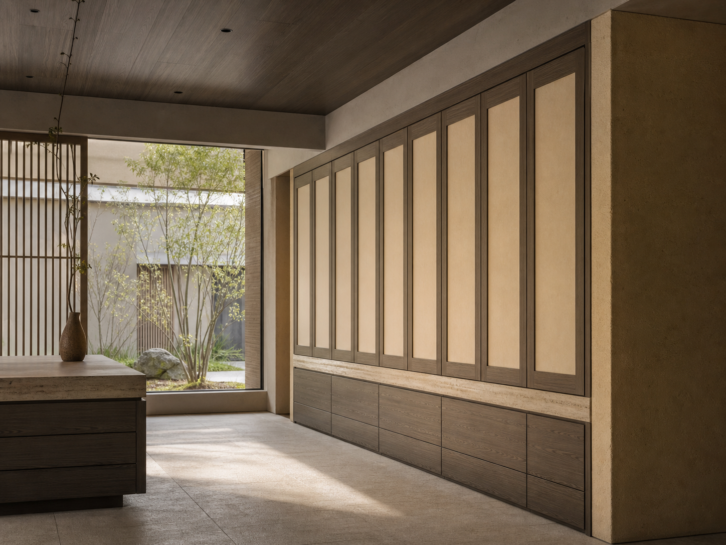 Fadior Resonance Wardrobe Suite with Travertine Rail Dressing Run — interior room context showing cabinet integration