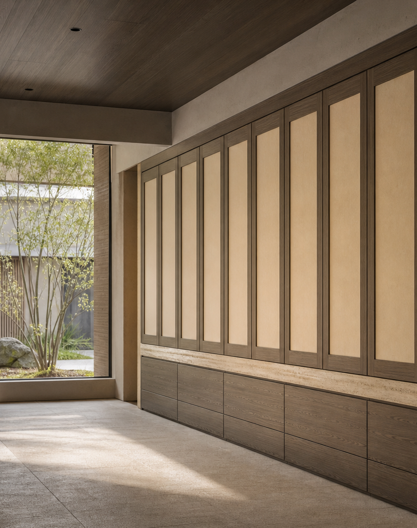 Fadior Resonance Wardrobe Suite with Travertine Rail Dressing Run — interior room context showing cabinet integration