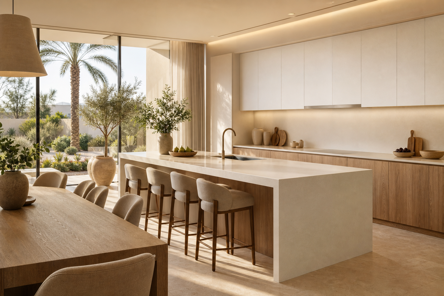 Kitchen context with ivory island surfaces, warm oak-grain fronts, and calm family-hosting atmosphere.