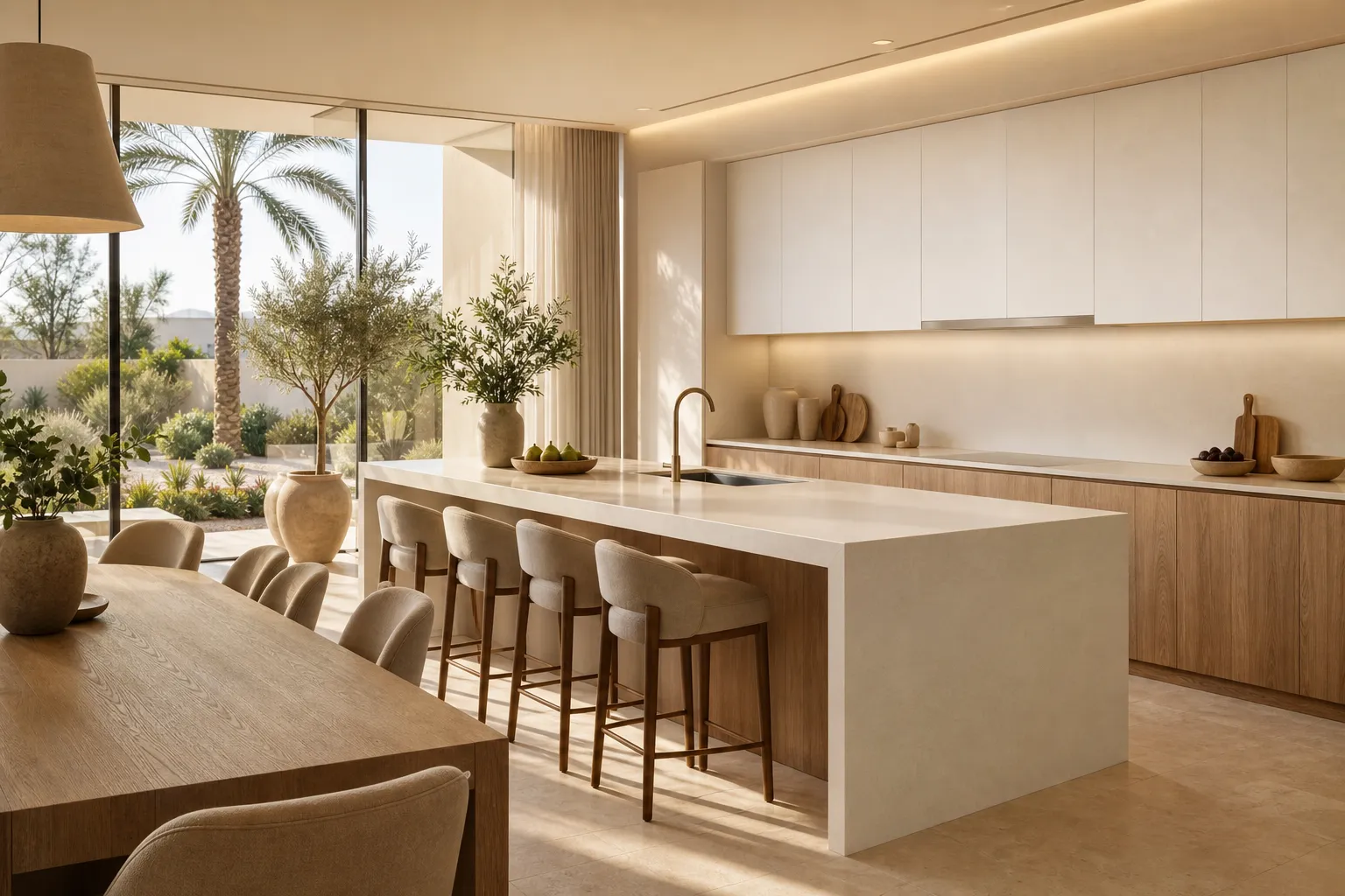 Kitchen context with ivory island surfaces, warm oak-grain fronts, and calm family-hosting atmosphere.