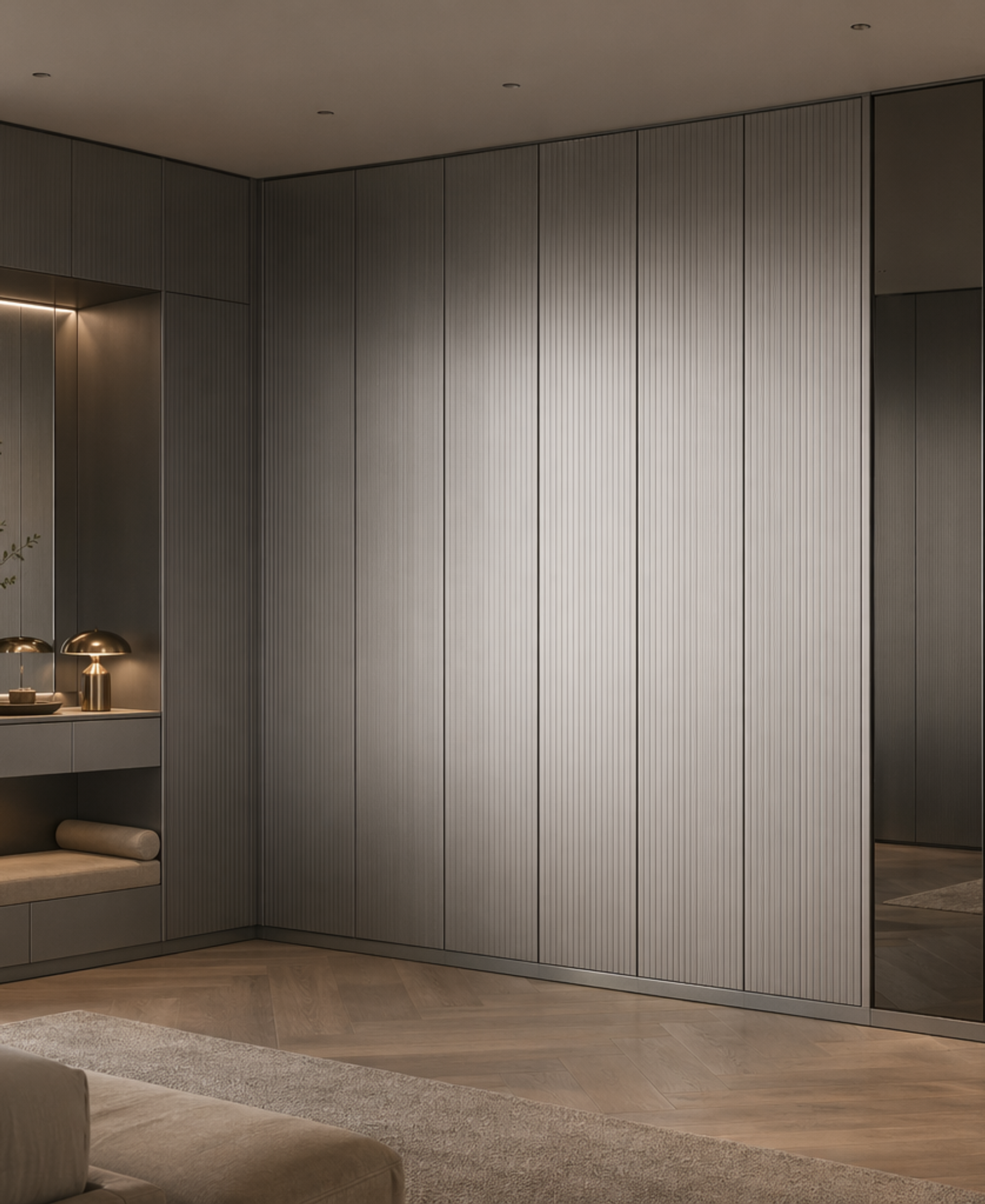 Fadior Brera Wardrobe Suite with Fluted Corner Dressing Wall — 304 stainless steel wardrobe system, front view