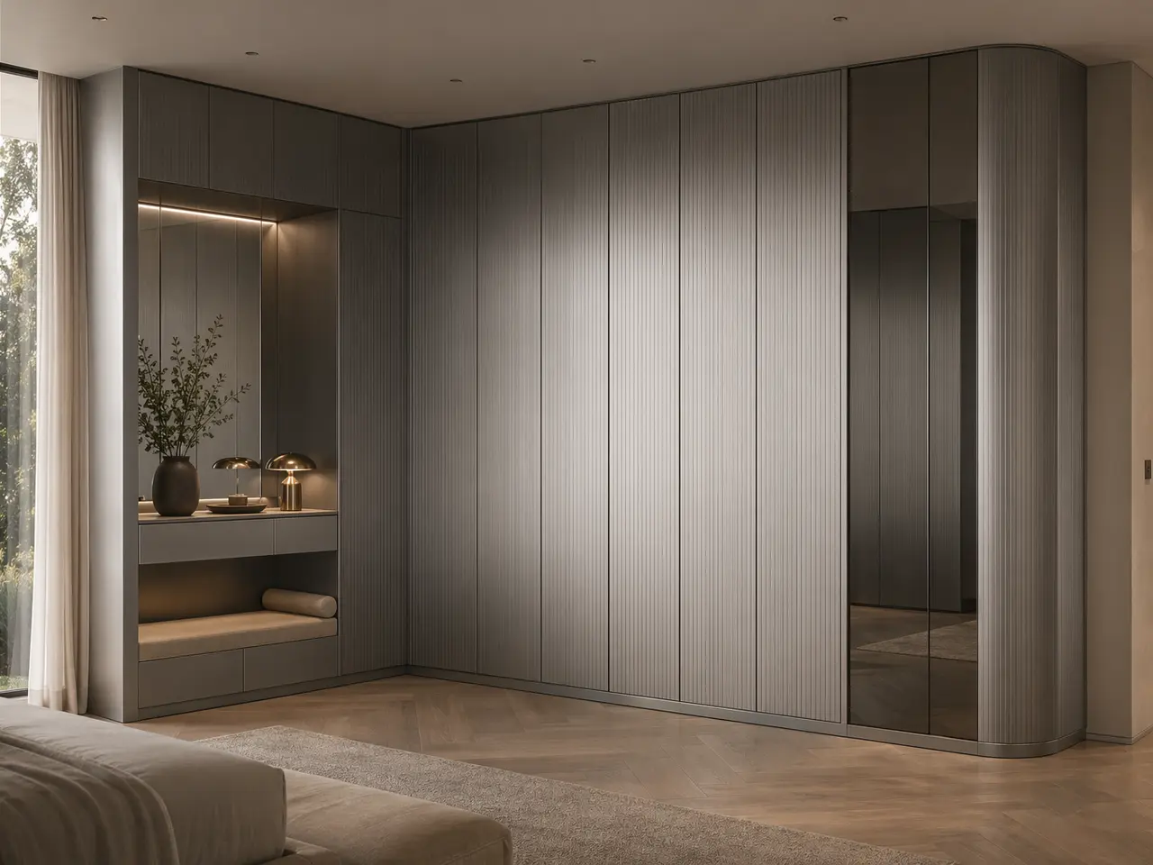 Fadior Brera Wardrobe Suite with Bronze Glass Dressing Spine - custom 304 stainless steel wardrobe or walk-in closet with lighting, hanging, drawer storage, and residential finishes