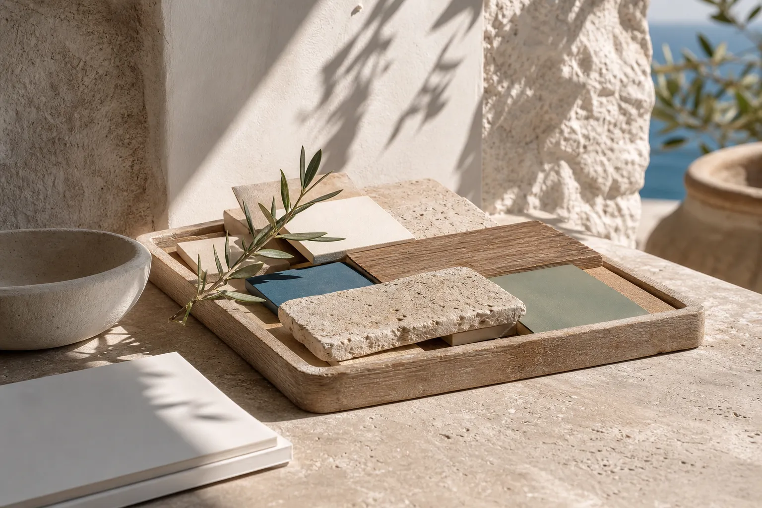Material study of travertine, warm oak, and matte cabinetry surfaces for a kitchen range decision.