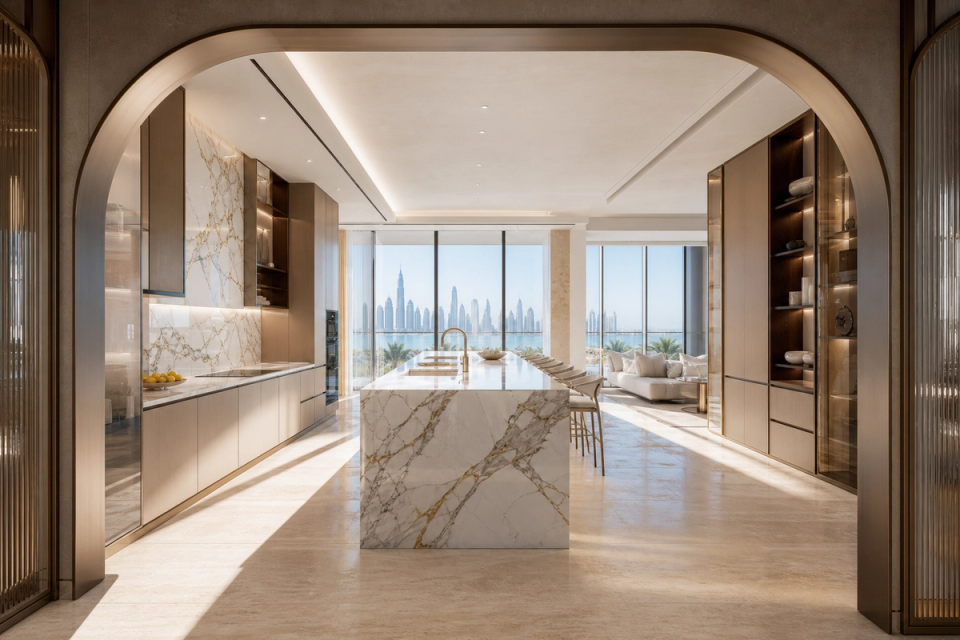 Fadior Dubai 120 sqm Kitchen Penthouse - marble island, cabinet wall, skyline windows, travertine floor