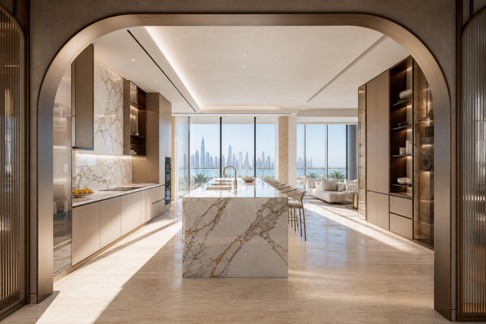 Fadior Dubai 120 sqm Kitchen Penthouse - marble island, cabinet wall, skyline windows, travertine floor