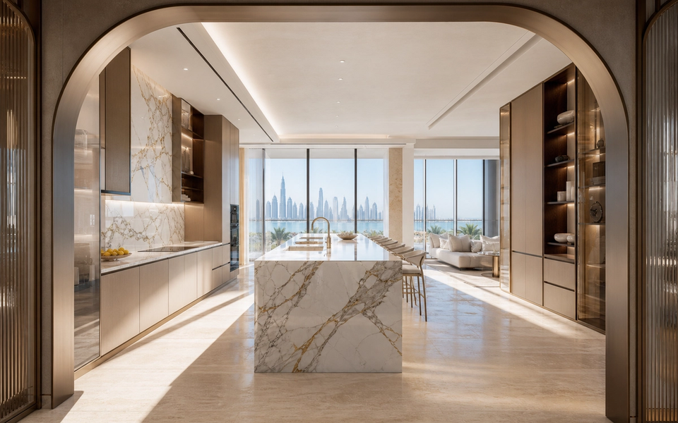 Fadior Dubai 120 sqm Kitchen Penthouse - marble island, cabinet wall, skyline windows, travertine floor — 304 stainless steel cabinetry installation by Fadior