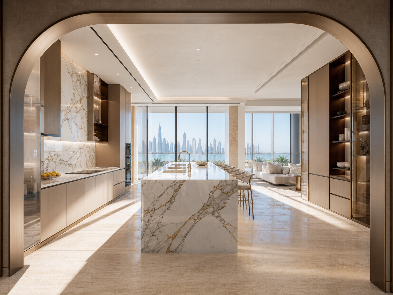 Fadior Dubai 120 sqm Kitchen Penthouse - marble island, cabinet wall, skyline windows, travertine floor