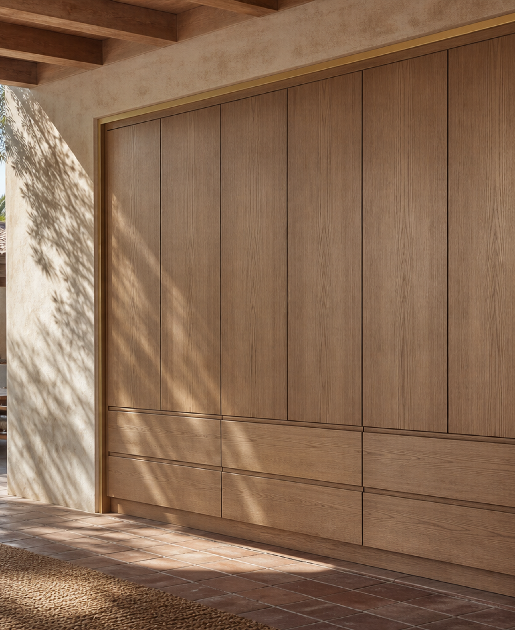 Fadior Eclipse Wardrobe Suite with Brass Reveal Dressing Niche — 304 stainless steel wardrobe system, front view