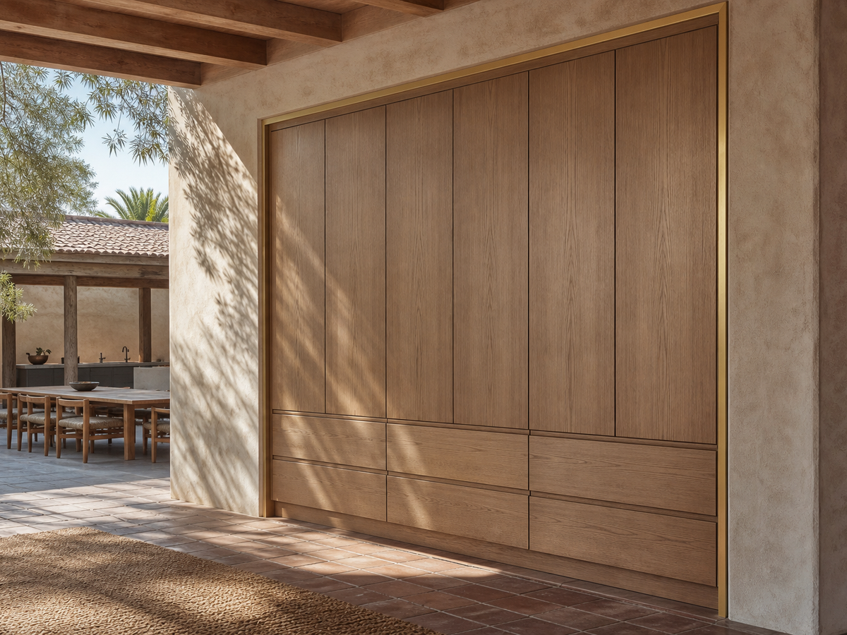 Fadior Eclipse Wardrobe Suite with Brass Reveal Dressing Niche — 304 stainless steel wardrobe system, front view