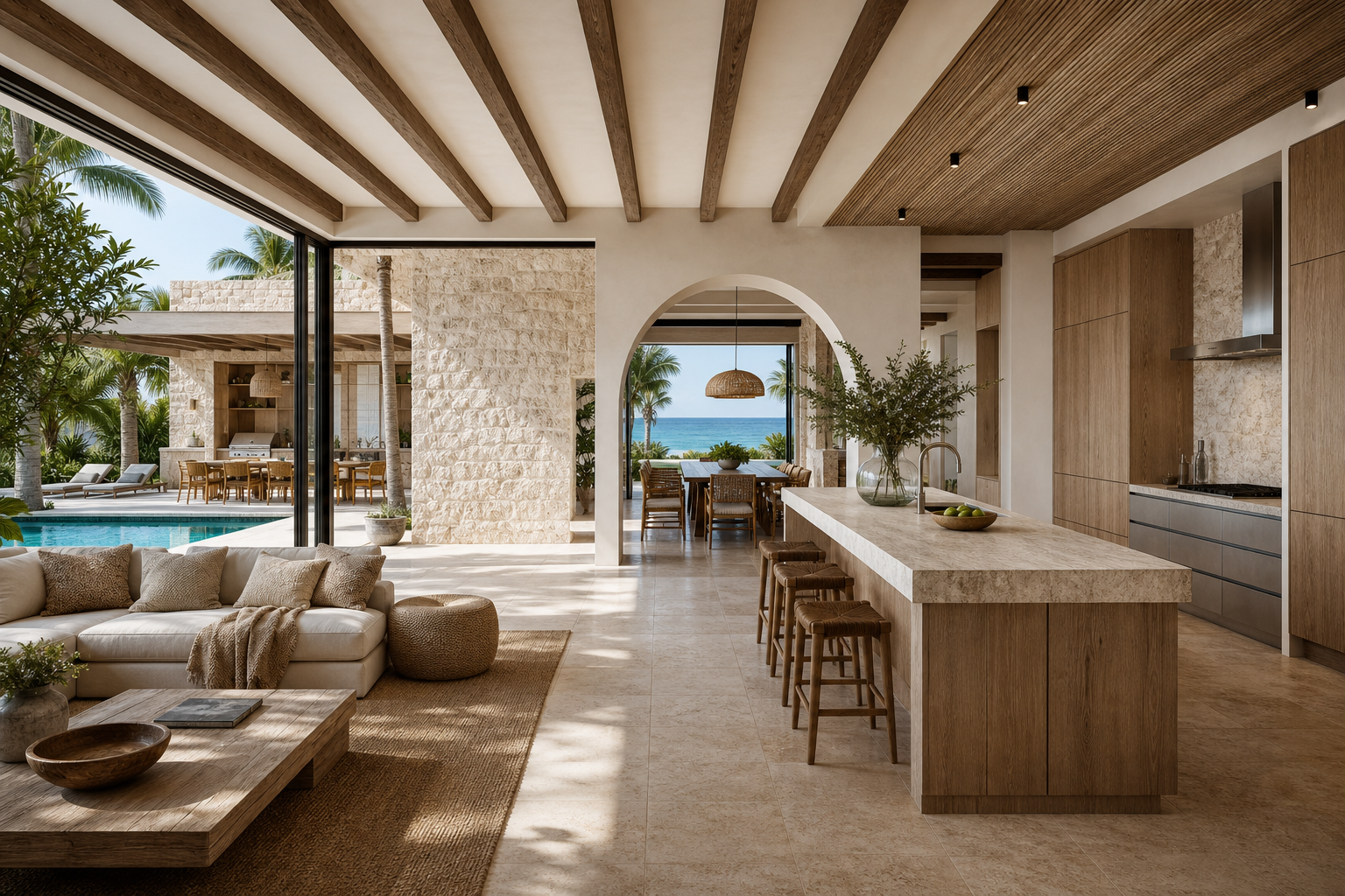 Fadior Miami Garden Courtyard Villa — Miami living and kitchen room with stone island, lounge sofa, timber beams, limestone wall, pool courtyard, palm trees, bar stools, and outdoor dining