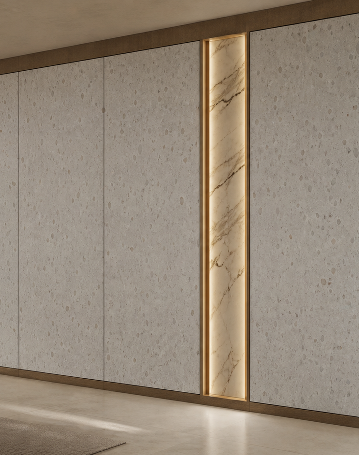 Fadior Terrazzo Wall Panel Suite with Veined Gallery Light Spine — lifestyle setting with natural light and residential
