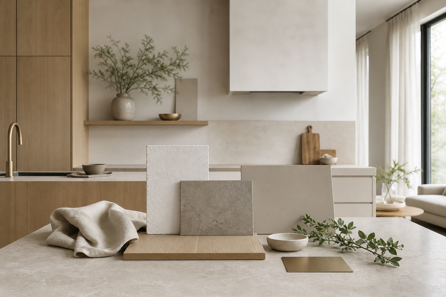 Contemporary kitchen material mood with pale oak, matte stone, plaster, linen, and soft putty tones.