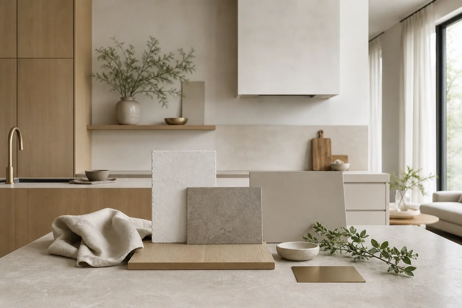 Contemporary kitchen material mood with pale oak, matte stone, plaster, linen, and soft putty tones.