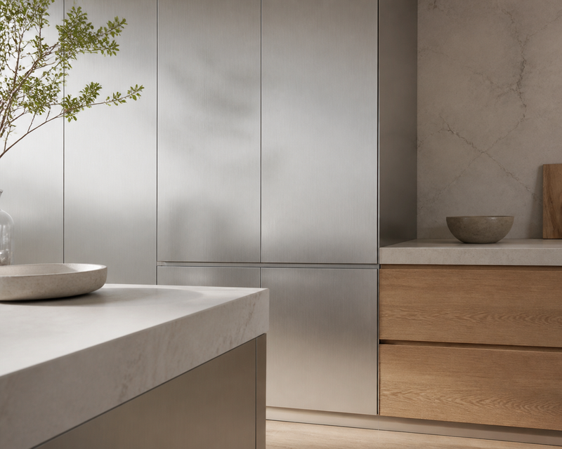 Material mood study: brushed silver-toned cabinet planes, pale stone, and warm oak under diffused daylight for a specification-focused comparison.