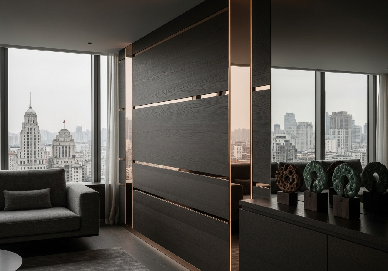 Fadior Shanghai Bund Penthouse — living space with panoramic city view