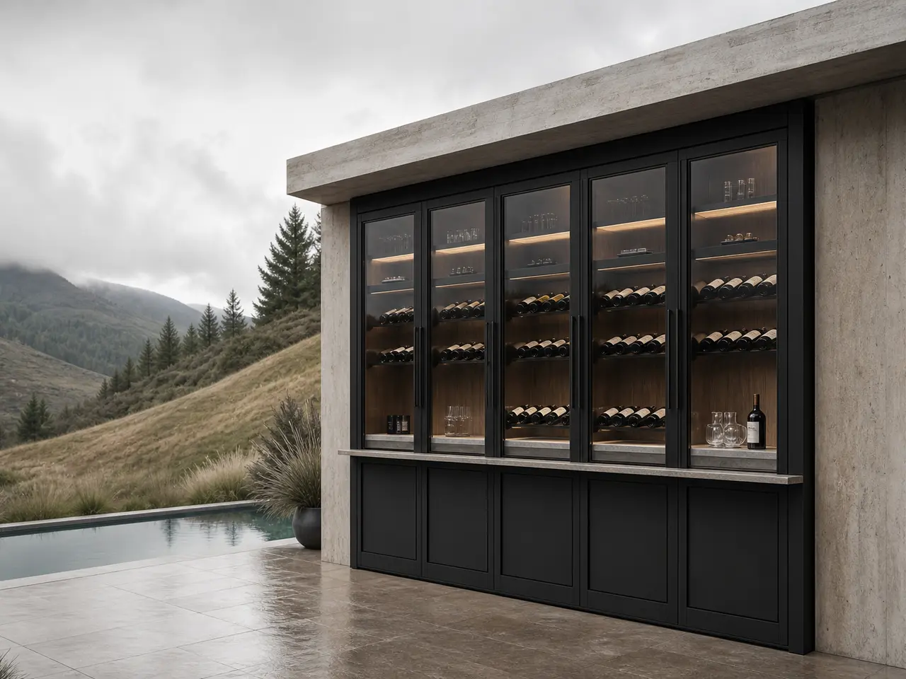 Fadior Armario de vino Estuary con atelier de cata abovedado - armario para vinos a medida en acero inoxidable 304 con acabados residenciales, almacenamiento y planificación por estancia