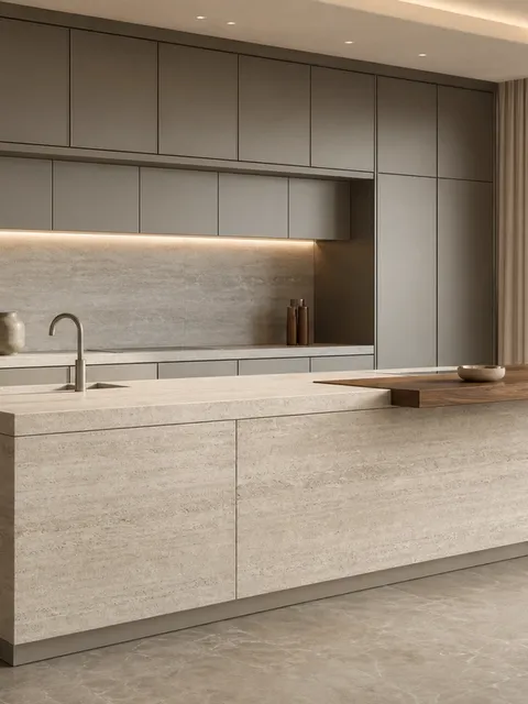 Suite de cocina Meridian con riel de chef en travertino pulido