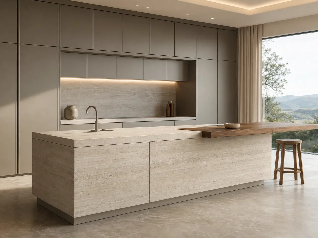 Fadior Meridian Kitchen Suite with Honed Travertine Chef Rail - custom 304 stainless steel kitchen cabinetry with residential finishes, storage planning, and daily workflow