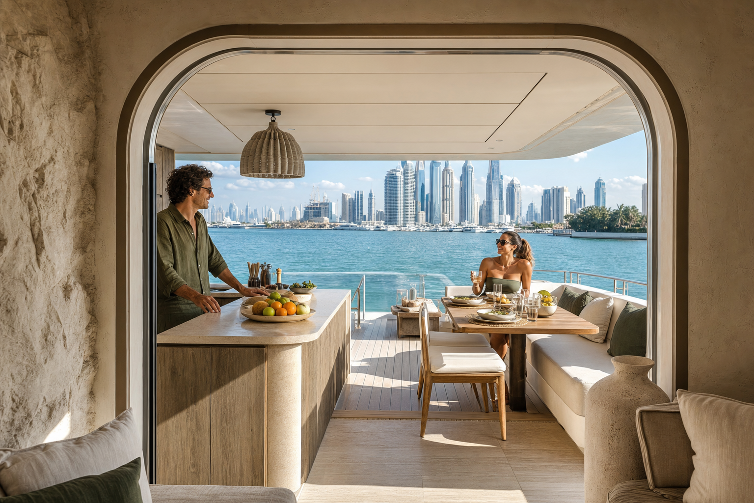 Fadior Dubai Marina Yacht Galley — Dubai yacht hosting scene with galley counter, deck table, chairs, fruit bowl,