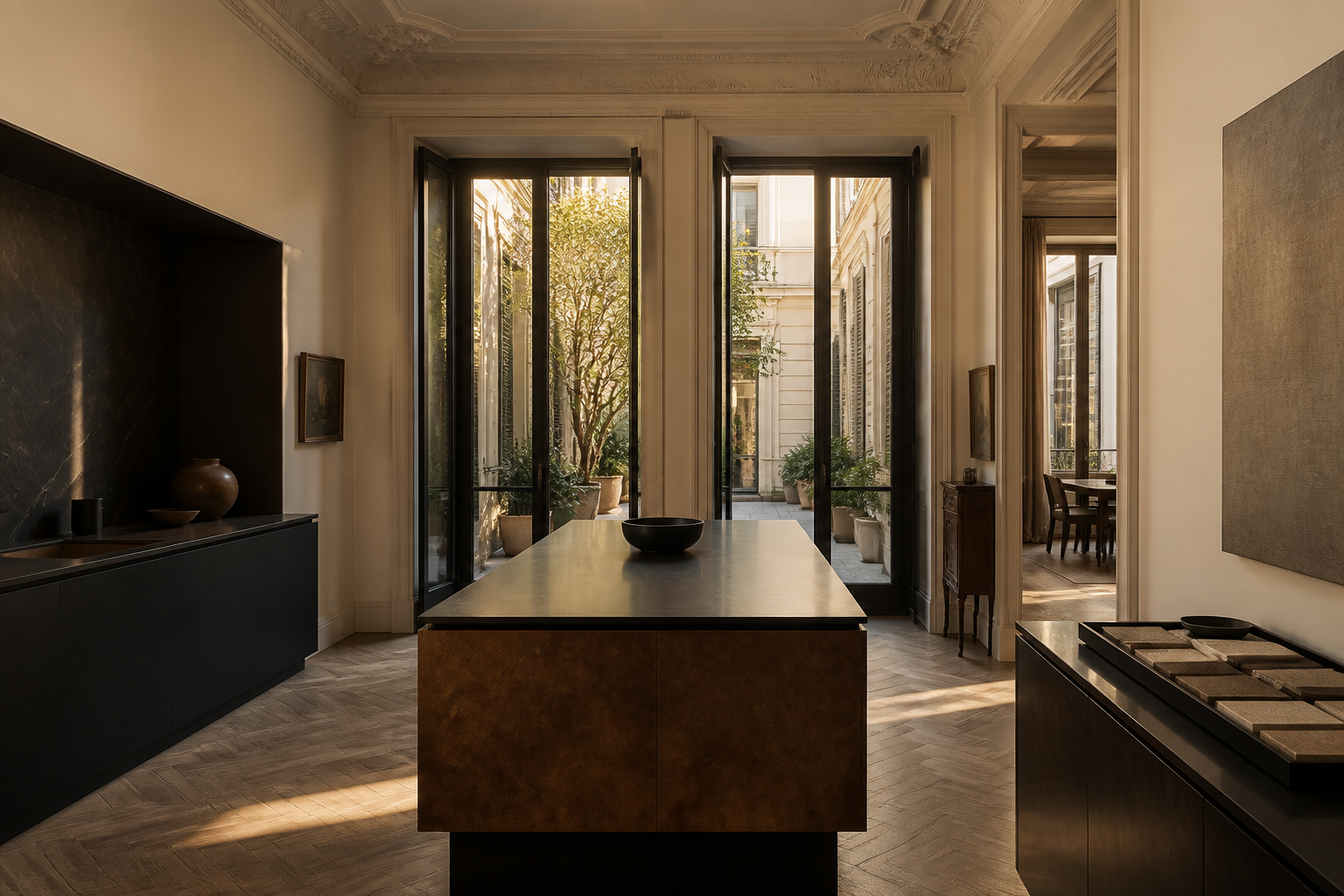Milan kitchen with chamois and parchment finishes, an atmosphere image for high-end material proof and family dining context. — 304 stainless steel cabinetry editorial by Fadior