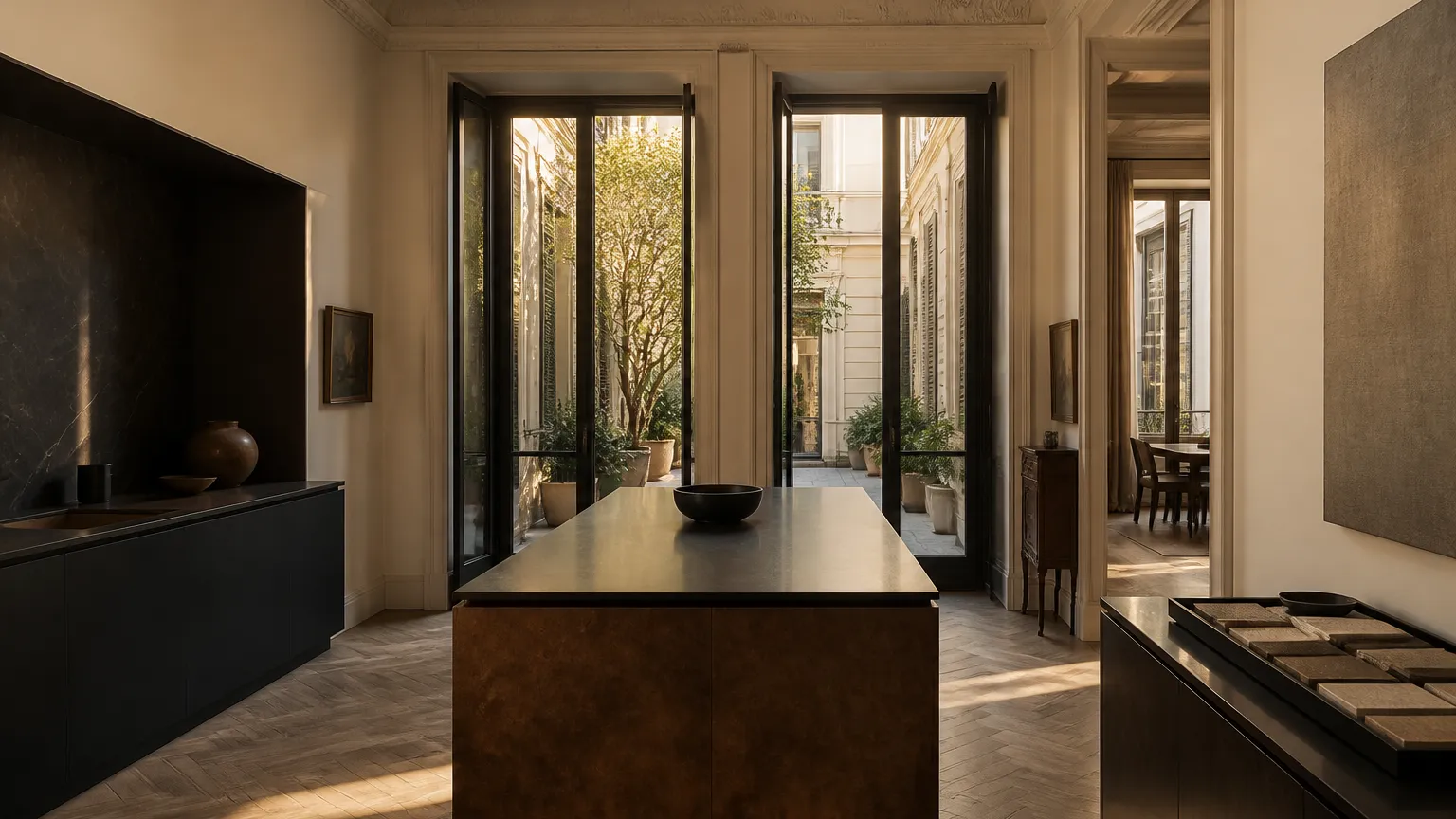 Milan kitchen with chamois and parchment finishes, an atmosphere image for high-end material proof and family dining context.