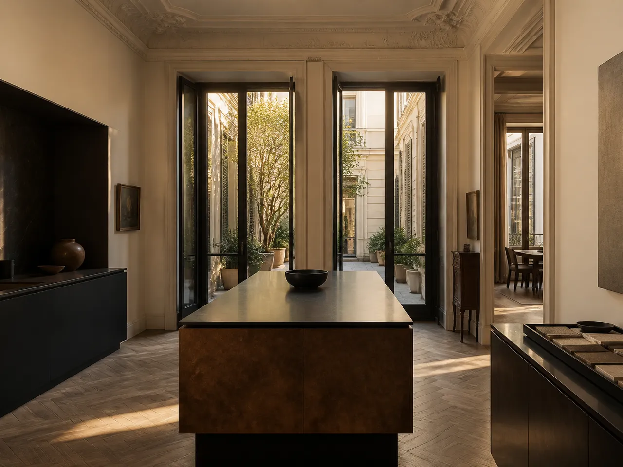 Milan kitchen with chamois and parchment finishes, an atmosphere image for high-end material proof and family dining context. — 304 stainless steel cabinetry editorial by Fadior